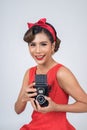 Happy fashion woman photographer hands holding retro vintage camera Royalty Free Stock Photo