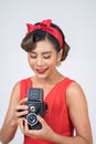 Happy fashion woman photographer hands holding retro vintage camera Royalty Free Stock Photo