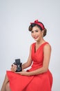 Happy fashion woman photographer hands holding retro vintage camera Royalty Free Stock Photo