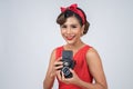 Happy fashion woman photographer hands holding retro vintage camera Royalty Free Stock Photo