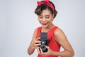 Happy fashion woman photographer hands holding retro vintage camera Royalty Free Stock Photo