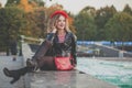 Happy fashionable woman with red handbag and french beret outdoor Royalty Free Stock Photo