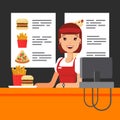 Happy fast food saleswoman in uniform with cash register. The snack seller in luncheonette, hamburger french fries pizza Royalty Free Stock Photo