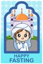 Happy fasting little Muslim boy in Ramadan Kareem cartoon illustration