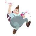 Cartoon fat boy with jar of jam. Vector illustration
