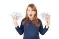 Happy fat girl holding dollars in her hands. Money for toys and sweets Royalty Free Stock Photo