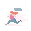 Happy fat girl running and thinking,funny fitness female with speech bubble Royalty Free Stock Photo