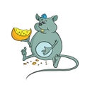 Happy fat mouse holding a piece of cheese, vector illustration.
