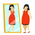 Happy fat woman in red dress looking at fit reflection