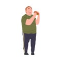 Happy Fat Young Man Eating Burger, Obese Person in Casual Clothes Enjoying of Fast Food Dish, Unhealthy Diet and