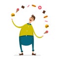 Happy fat young man funny cartoon character with junk food