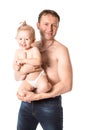 Happy father and baby girl cuddling on isolated white background Royalty Free Stock Photo