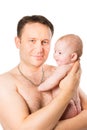 Happy father and baby girl cuddling on isolated white background Royalty Free Stock Photo