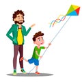 Happy Father And Child Son Launch A Kite Vector. Isolated Illustration