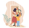 Happy father coming back home, hugging his wife and son, flat vector illustration. Homecoming.