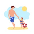 Happy Father and Daughter Enjoy Rest at Beach. Going to the Sea in Swim Suits with Inflatabe Toy Circle Under the Blue