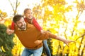 Happy father and daughter spending time. Autumn walk Royalty Free Stock Photo