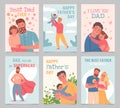 Happy father day. Gift cards with fathers and kids. Man hug daughter, play with son and baby. Superhero dad, best father poster