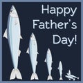 Happy Father day greeting card with text and big and small catch fish. Congratulation for dad fisher.