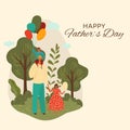 Happy father day greeting card vector illustration, cartoon dad and children characters with balloon and cotton candy Royalty Free Stock Photo