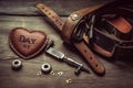 Happy Father Day Message On Wooden Background With Tools, Belt Buckle And Heart. Generative AI