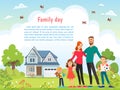 Happy father day, mother day, family holiday daughter and sons hold dad and mother. Concept greeting card flat vector