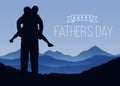 Happy father day with Silhouette son and his father at Mountain peaks in blue tone vector design Royalty Free Stock Photo