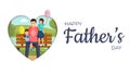 Happy father day vector banner template. Smiling son and daughter sitting on bench in park with daddy cartoon characters Royalty Free Stock Photo