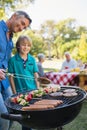 Happy father doing barbecue with his son Royalty Free Stock Photo