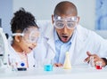 Happy, father and girl with chemistry experiment, education and learning with wow, excited and school. Family, male Royalty Free Stock Photo