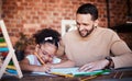 Happy, father and girl with homework, help and conversation with education, advice and learning. Family, male parent or Royalty Free Stock Photo