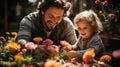 Happy father and his little daughter are florists flower or planting flowers together