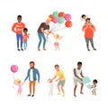 Happy Father with His Little Son and Daughter Spending Time Together Having Fun Vector Set Royalty Free Stock Photo