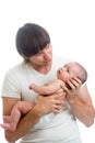 Happy father holding cute baby in his hands isolated on white Royalty Free Stock Photo