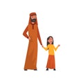 Happy Father Holding Hand His Little Daughter, Muslim Arab Family in Traditional Clothes Vector Illustration Royalty Free Stock Photo