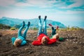 Happy father with kids relax in mountains, nature travel