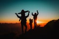 Happy father with kids travel in sunset mountains, family hiking in nature Royalty Free Stock Photo