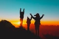 Happy father with kids travel in sunset mountains, family hiking in nature Royalty Free Stock Photo