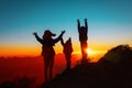 Happy father with kids travel in sunset mountains, family hiking in nature Royalty Free Stock Photo