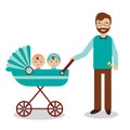 Happy father with newborn children in babystroller