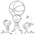 Happy father playing ball with his kids, outline illustration