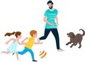 Happy father playing with children and dog Royalty Free Stock Photo