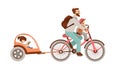 Happy father riding a bicycle with two kids on back Child Bike trailer. Happy family on bicycle, man and kids - vector