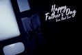 Happy Father`s Day background concept with mouse, laptop, hard dirve and gift box Royalty Free Stock Photo