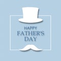 Happy father`s day background. Hat cylinder and mustache, blue background. Congratulatory background. Festive background