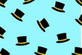 Happy father`s day background. Many cylinder hats on a blue background. Congratulatory background.