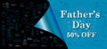 Happy Father`s Day Banner with necktie,glasses and gift box for dad on blue.Promotion and shopping template for Father`s Day.