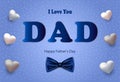 Happy Father`s Day banner, poster, postcard with realistic white, silver hearts, tie and text