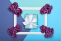 Happy Father`s day or Birthday Pastel Candy Blue Colour Background. Floral flat lay greeting card with picture frame mock up. Royalty Free Stock Photo