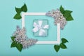 Happy Father`s day or Birthday Pastel Candy Blue Colour Background. Floral flat lay greeting card with picture frame mock up. Royalty Free Stock Photo